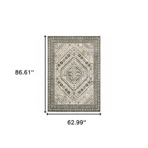 HomeRoots 5' Elegant Ivory and Grey Oriental Power Loom Area Rug - Stain-Resistant, Durable, Stylish Design 5' X 7' 508981