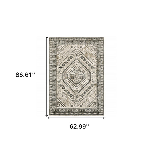 HomeRoots 5' Elegant Ivory and Grey Oriental Power Loom Area Rug - Stain-Resistant, Durable, Stylish Design 5' X 7' 508981