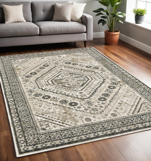 HomeRoots 5' Elegant Ivory and Grey Oriental Power Loom Area Rug - Stain-Resistant, Durable, Stylish Design 5' X 7' 508981