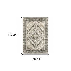 HomeRoots 5' Elegant Ivory and Grey Oriental Power Loom Area Rug - Stain-Resistant, Durable, Stylish Design 7' X 9' 508982