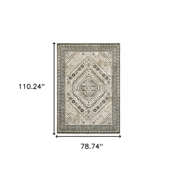 HomeRoots 5' Elegant Ivory and Grey Oriental Power Loom Area Rug - Stain-Resistant, Durable, Stylish Design 7' X 9' 508982