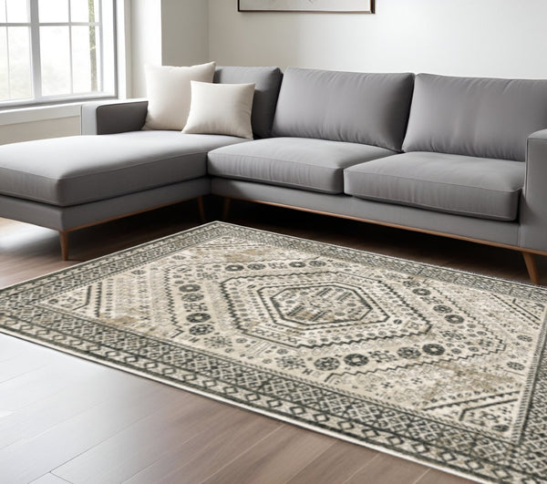 HomeRoots 5' Elegant Ivory and Grey Oriental Power Loom Area Rug - Stain-Resistant, Durable, Stylish Design 7' X 9' 508982