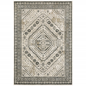 HomeRoots 5' Elegant Ivory and Grey Oriental Power Loom Area Rug - Stain-Resistant, Durable, Stylish Design 8' X 10' 508983