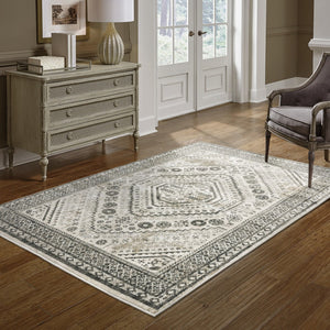 HomeRoots 5' Elegant Ivory and Grey Oriental Power Loom Area Rug - Stain-Resistant, Durable, Stylish Design 8' X 10' 508983