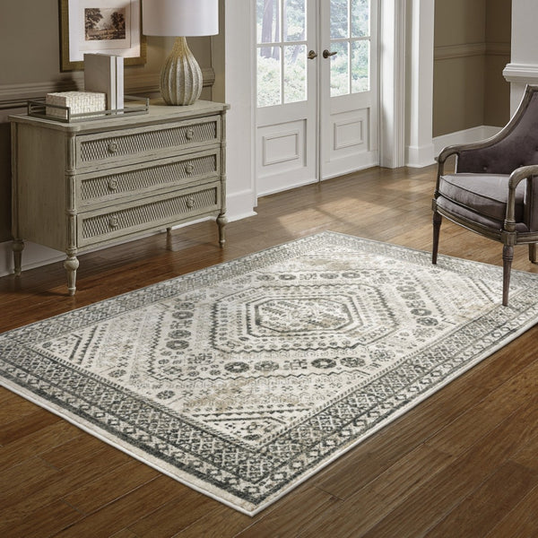 HomeRoots 5' Elegant Ivory and Grey Oriental Power Loom Area Rug - Stain-Resistant, Durable, Stylish Design 8' X 10' 508983