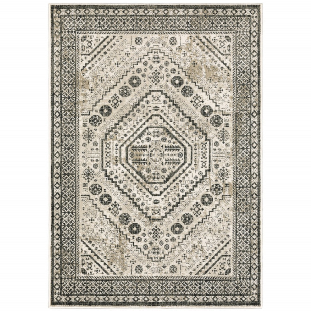 HomeRoots 5' Elegant Ivory and Grey Oriental Power Loom Area Rug - Stain-Resistant, Durable, Stylish Design 10' X 13' 508984