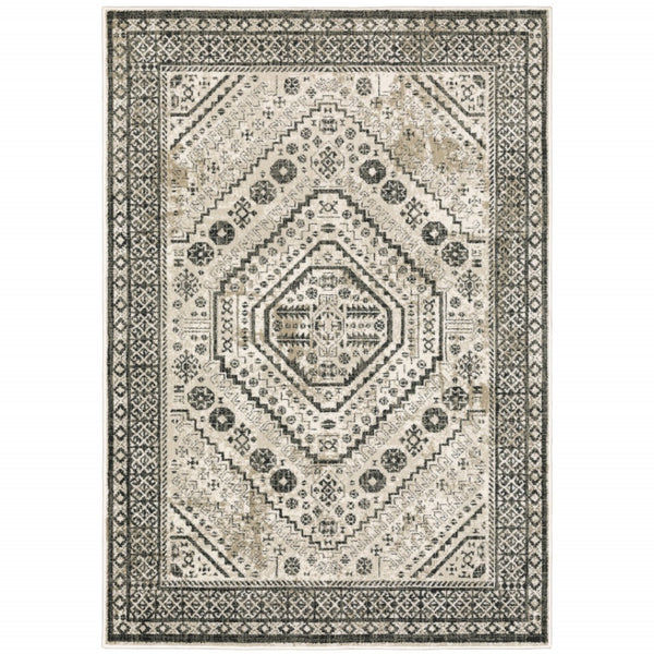 HomeRoots 5' Elegant Ivory and Grey Oriental Power Loom Area Rug - Stain-Resistant, Durable, Stylish Design 10' X 13' 508984