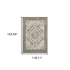 HomeRoots 5' Elegant Ivory and Grey Oriental Power Loom Area Rug - Stain-Resistant, Durable, Stylish Design 10' X 13' 508984