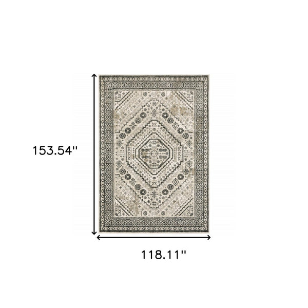 HomeRoots 5' Elegant Ivory and Grey Oriental Power Loom Area Rug - Stain-Resistant, Durable, Stylish Design 10' X 13' 508984