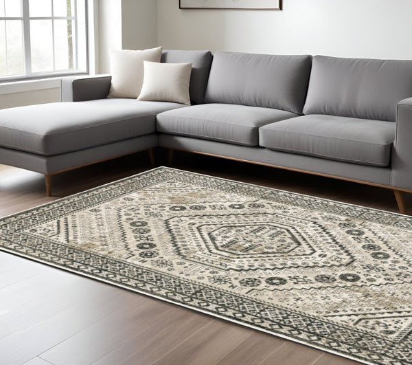 HomeRoots 5' Elegant Ivory and Grey Oriental Power Loom Area Rug - Stain-Resistant, Durable, Stylish Design 10' X 13' 508984