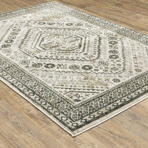 HomeRoots 5' Elegant Ivory and Grey Oriental Power Loom Area Rug - Stain-Resistant, Durable, Stylish Design 10' X 13' 508984