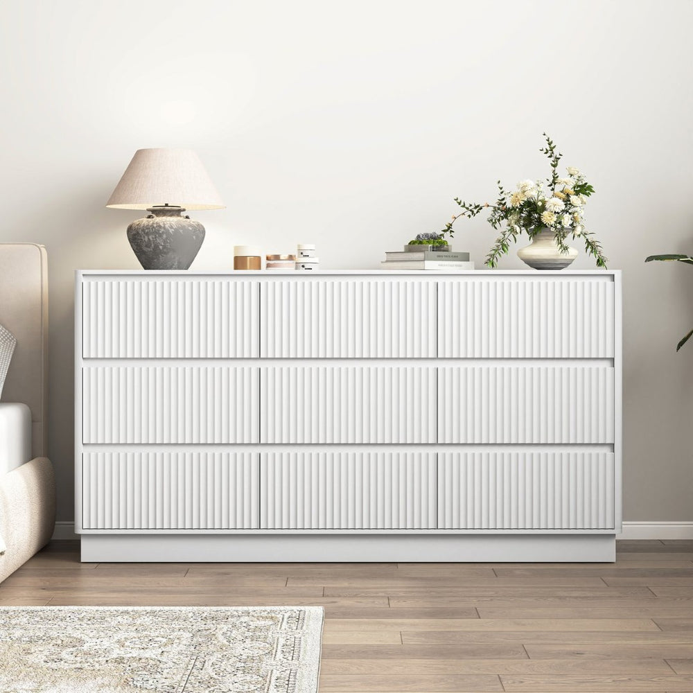 English Elm 9 Drawer Matte Wood Dresser with Wave Front Mid Century Modern Low Profile Storage White W409P387581
