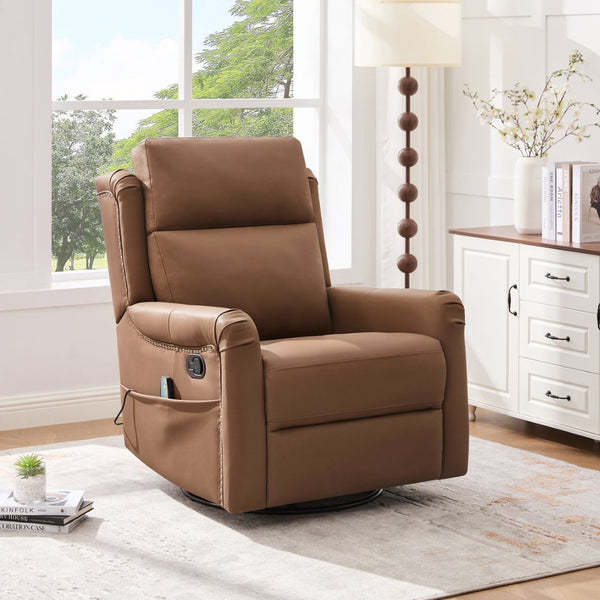 English Elm Modern Swivel Rocker Recliner Pu Leather Chair with Massage Heat and Storage Pocket Brown N763P399629D