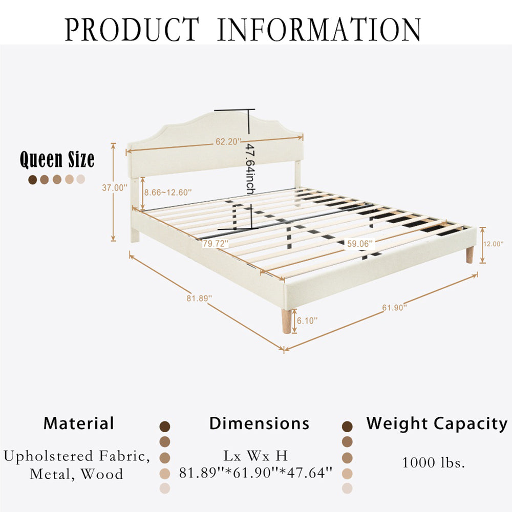 English Elm Queen Upholstered Platform Bed with Adjustable Headboard, Linen Fabric, Sturdy 1000lb Frame, Beige W1716P280054