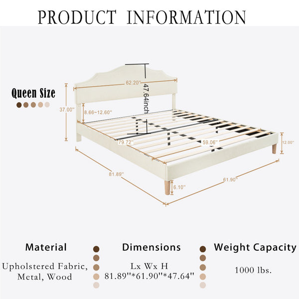 English Elm Queen Upholstered Platform Bed with Adjustable Headboard, Linen Fabric, Sturdy 1000lb Frame, Beige W1716P280054