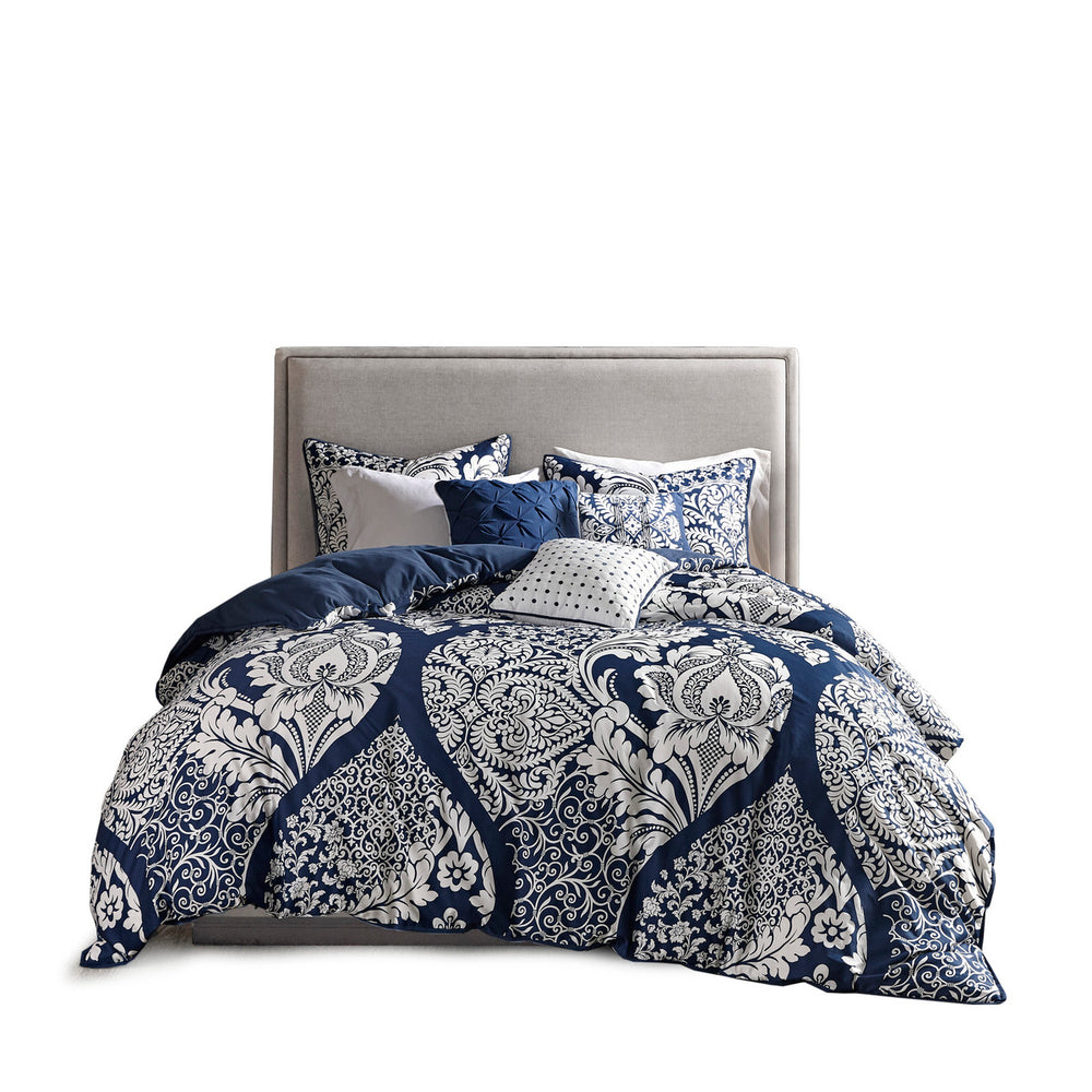 English Elm 7 Piece Cotton Comforter Set - Elegant Indigo Damask Design For Cal King Bed With Decorative Pillows B03596963