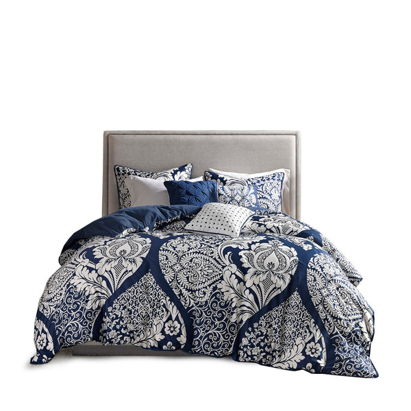English Elm 7 Piece Cotton Comforter Set - Elegant Indigo Damask Design For Cal King Bed With Decorative Pillows B03596963