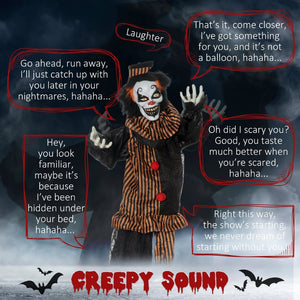 English Elm Outdoor Animatronic Clown Prop with Motion Sensing Light up Eyes for Halloween Haunts T3971P382662
