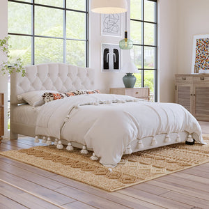 English Elm Upholstered Diamond-Tufted Platform Bed with Two-Position Adjustable Headboard and Sturdy Support Beige 65.71 L x 26.89 W x 4.88 H N701P342915B