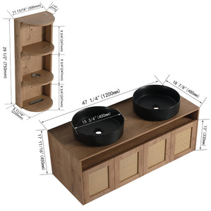 English Elm 48" Floating Bathroom Vanity Oak Finish Dual Ceramic Sinks Four Soft Close Doors W999S00505