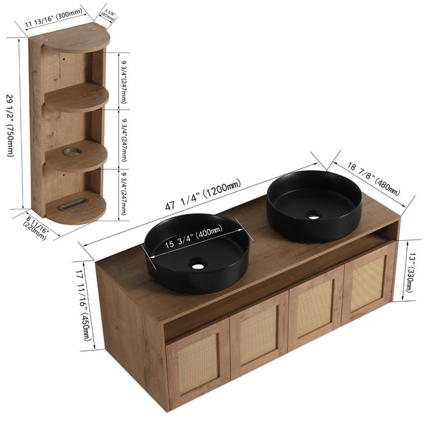 English Elm 48" Floating Bathroom Vanity Oak Finish Dual Ceramic Sinks Four Soft Close Doors W999S00505