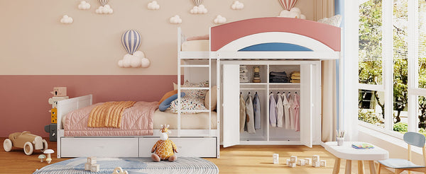 English Elm Full Size Offset Bunk Bed with Wardrobe Hanging Rod Drawers and Upholstered Rail White N820S00081K