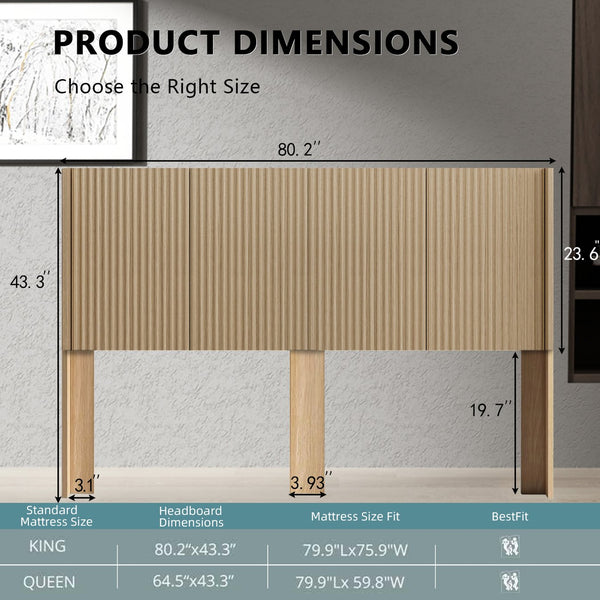 English Elm Modern Farmhouse Wood Headboard King Size 80.2" Wide Wall-Mount Fluted Wingback in Natural Oak, 3D Carved Elegance W3520P356718
