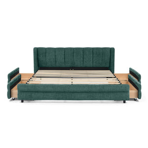 English Elm Queen Chenille Upholstered Storage Bed Wingback Headboard Platform Frame Bedroom Blue+Green W487S00419