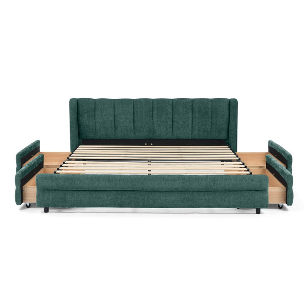 English Elm Queen Chenille Upholstered Storage Bed Wingback Headboard Platform Frame Bedroom Blue+Green W487S00419
