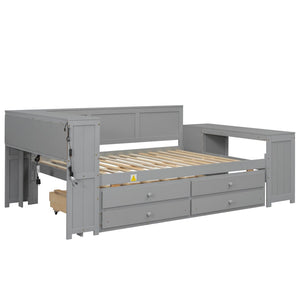 English Elm Full Size Pine Wood Platform Daybed with Led Headboard Desk Storage and Charging Gray N7090000475E-1