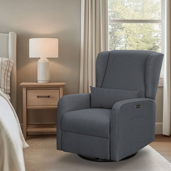 JLA Home Madison Park - Power Candace Recliner offers 3-in-1 power recline, 270° swivel & glider, USB/USB‑C charging, lumbar support, spill-resistant upholstery, side pocket, sturdy wood frame, tool-free setup for living rooms, nurseries, home offices Grey MP103-1285