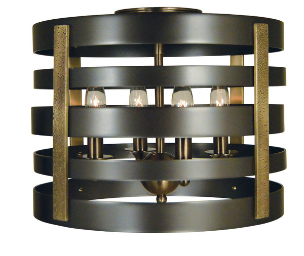 Framburg 4-light Urban Farmhouse Flush Mount Ceiling Fixture With Hammered Brass Supports - Made In Usa Mahogany Bronze With Antique Brass Accents Metal 5090 Mb/Ab