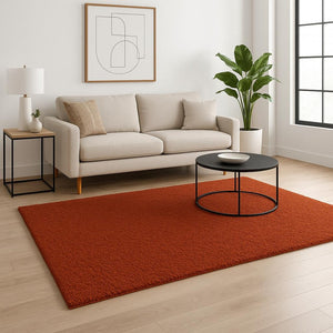 HomeRoots 3'' Rust Red Shag Area Rug – Handmade, Stain Resistant, Plush Texture for Cozy Living Spaces 5' X 7' 509001