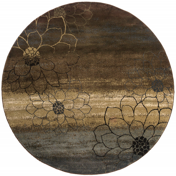 Homeroots 8' Brown Round Floral Power Loom Stain Resistant Area Rug  Polypropylene 509013