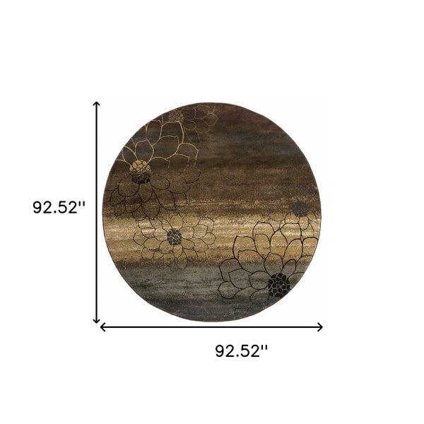 Homeroots 8' Brown Round Floral Power Loom Stain Resistant Area Rug  Polypropylene 509013