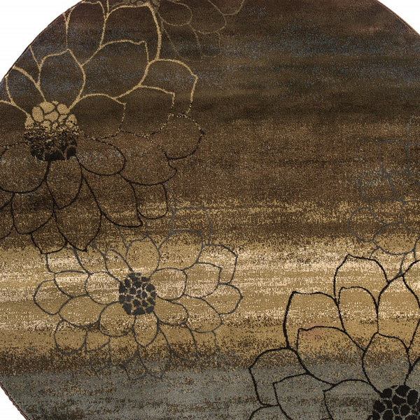 Homeroots 8' Brown Round Floral Power Loom Stain Resistant Area Rug  Polypropylene 509013