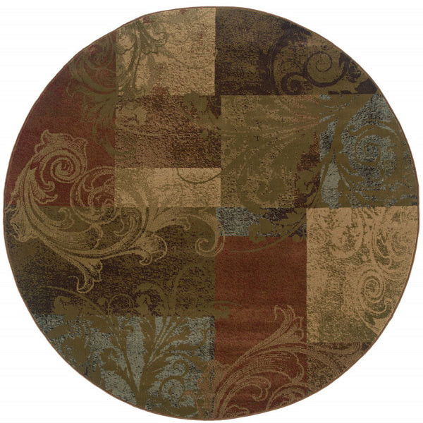 HomeRoots 10' Bold Green and Red Geometric Stain-Resistant Area Rug for Modern Living Spaces, Durable Design 8' Round Round 509021