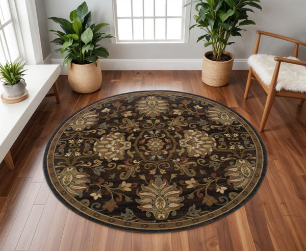 HomeRoots 10' Elegant Brown Beige Blue Red Oriental Area Rug - Stain Resistant, Durable, Perfect for Family Spaces 8' Round Round 509029