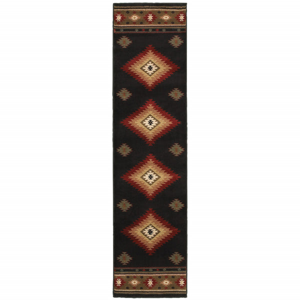 Homeroots 8' Green And Black Southwestern Power Loom Runner Rug Black,Green Polypropylene 509033