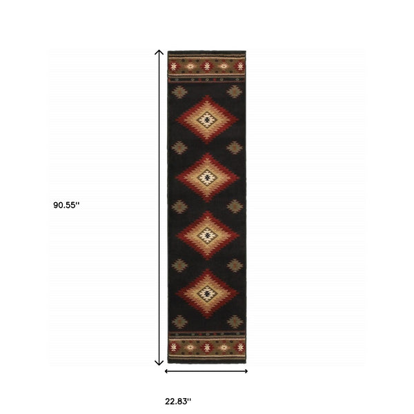 Homeroots 8' Green And Black Southwestern Power Loom Runner Rug Black,Green Polypropylene 509033