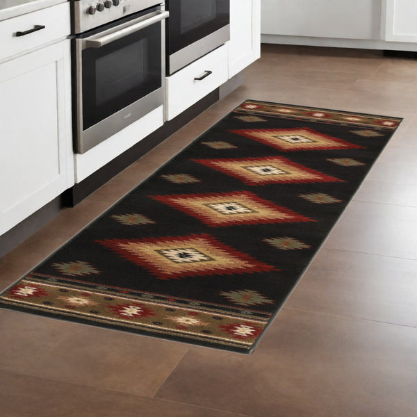 Homeroots 8' Green And Black Southwestern Power Loom Runner Rug Black,Green Polypropylene 509033