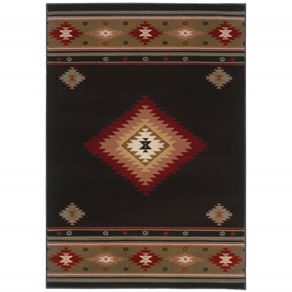 HomeRoots 4' Bold Southwestern Black and Green Power Loom Area Rug - Stain Resistant for High-Traffic Spaces 4' X 6' Rectangle 509034