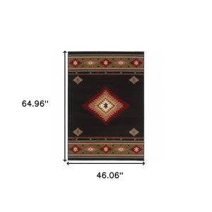 Homeroots 4' X 6' Black And Green Southwestern Power Loom Stain Resistant Area Rug Black,Green Polypropylene 509034