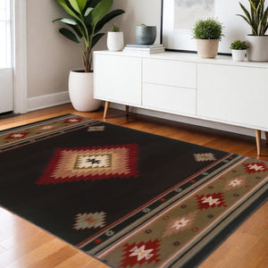 HomeRoots 4' Bold Southwestern Black and Green Power Loom Area Rug - Stain Resistant for High-Traffic Spaces 4' X 6' Rectangle 509034