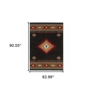 Homeroots 5' X 8' Black And Green Southwestern Power Loom Stain Resistant Area Rug Black,Green Polypropylene 509035