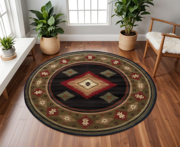 HomeRoots 4' Bold Red and Beige Ikat Pattern Area Rug - Bohemian Charm, Durable, Stain Resistant, Cozy Style 8' Round Round 509037