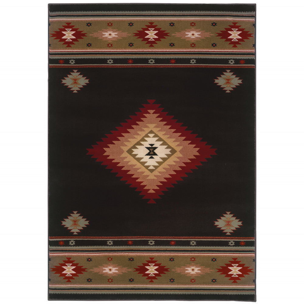 Homeroots 8' X 11' Black And Green Southwestern Power Loom Stain Resistant Area Rug Black,Green Polypropylene 509038