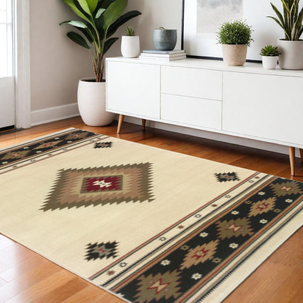 HomeRoots 4' Bold Red and Beige Ikat Pattern Area Rug - Bohemian Charm, Durable, Stain Resistant, Cozy Style 4' X 6' Rectangle 509042