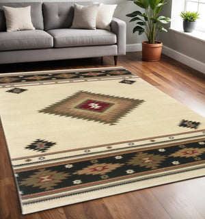 HomeRoots 4' Bold Red and Beige Ikat Pattern Area Rug - Bohemian Charm, Durable, Stain Resistant, Cozy Style 5' X 8' Rectangle 509043