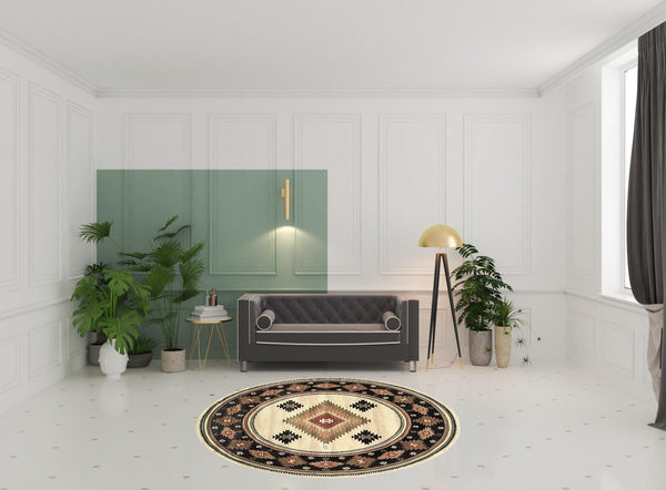 Homeroots 8' Beige Round Southwestern Power Loom Stain Resistant Area Rug Beige,Green Polypropylene 509045